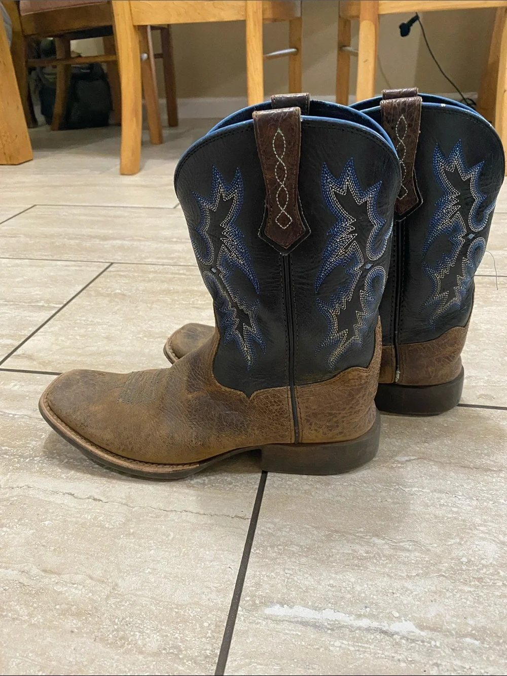 Ariat Kids Brown Leather Western Boots with Black Shaft and Blue Stitching